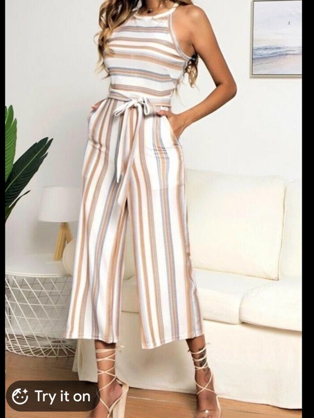 Striped Beige & White Sleeveless Jumpsuit